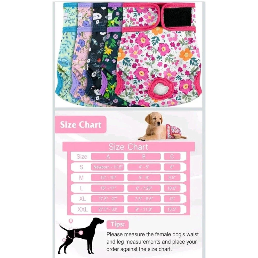 Barklincharm 5 Pack Female Dog Diapers, Washable, Floral, SMALL, NWT